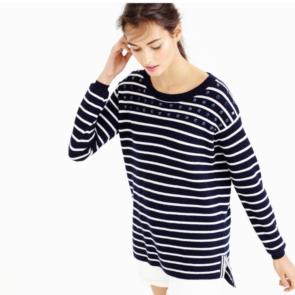 J. Crew Blue Striped Jeweled Embellished Sweater